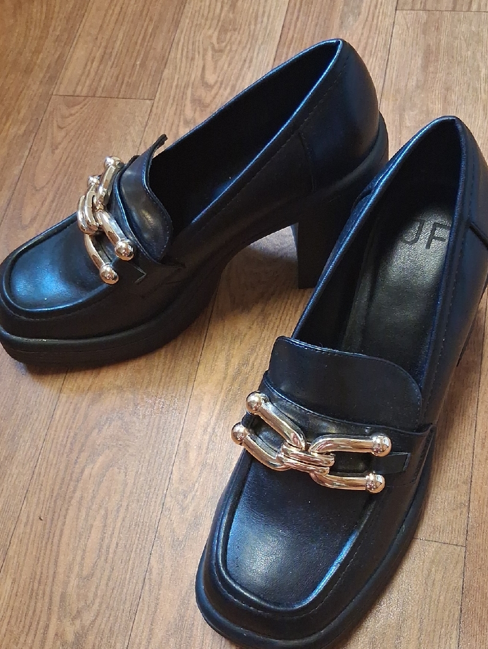 Black Platform Heeled Loafers with Gold Chain Accent
